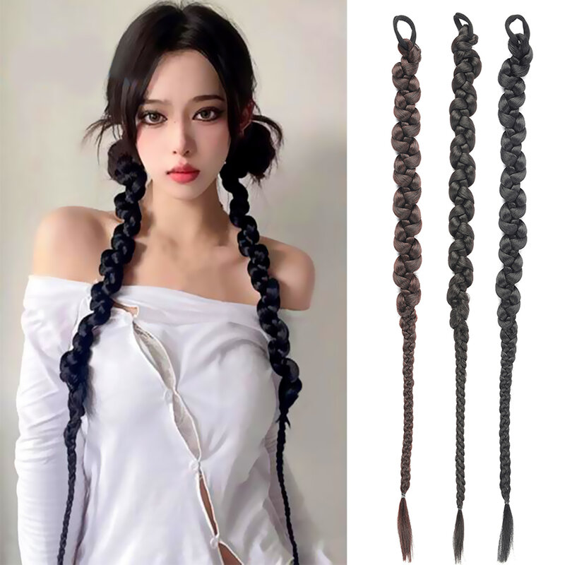 Synthetic Box Braided Ponytail ExtensionLong Braiding Hair Extensions 2 Pieces Set with Rubber Bands Double Fishtail Braided