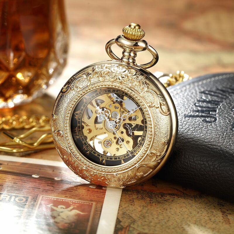 Jam tangan mekanis antik, arloji saku Dial Steampunk perunggu berongga, kalung saku & arloji Fob rantai Pria Wanita 2024