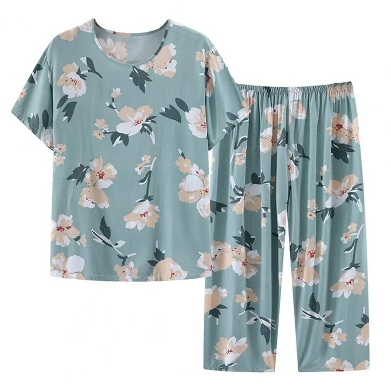 Women Pajama Set Elegant Mid-aged Women's Pajama Set With Floral Print Soft Fabric Elastic Waist Comfortable For Mother