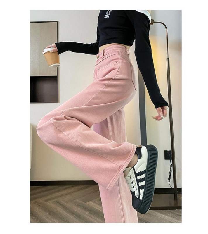 กางเกงยีนส์ขาตรงสำหรับใหม่รุ่นเกาหลีสำหรับผู้หญิง, กางเกงยีนส์ทรงหลวมเอวสูงสำหรับผู้หญิง2023ฤดูใบไม้ผลิ/ฤดูร้อนกางเกงขาม้า