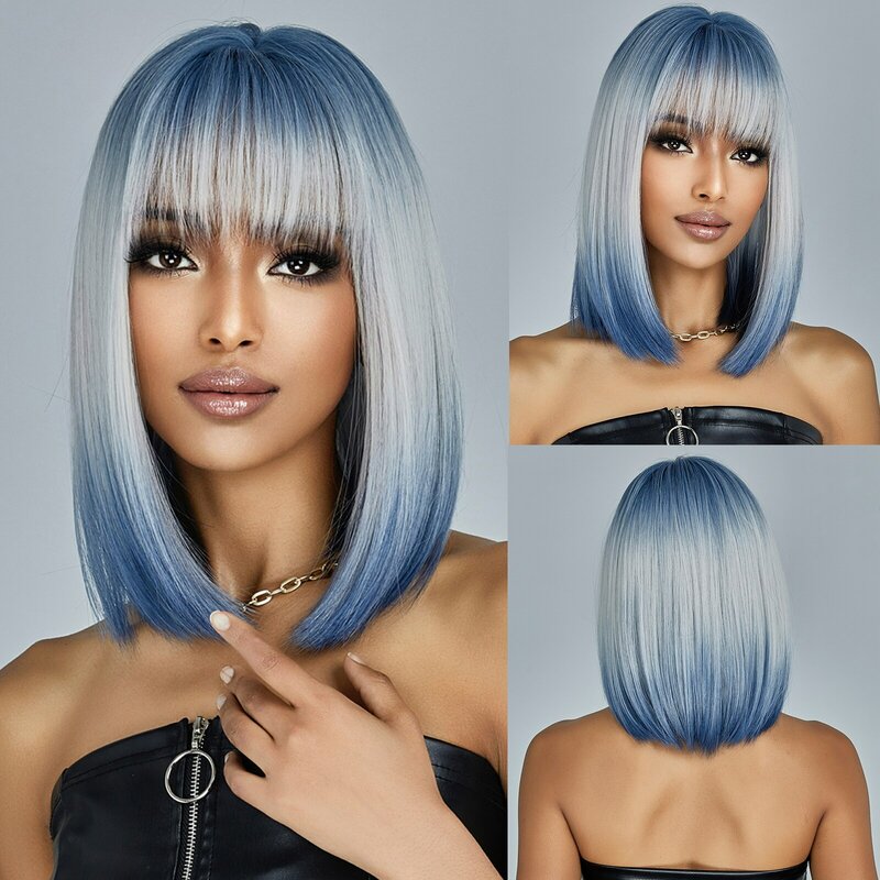 Medium Length Blue White Ombre Straight Synthetic Hair With Bangs Short Bob Cosplay Wig for Women Daily Party Heat Resistant