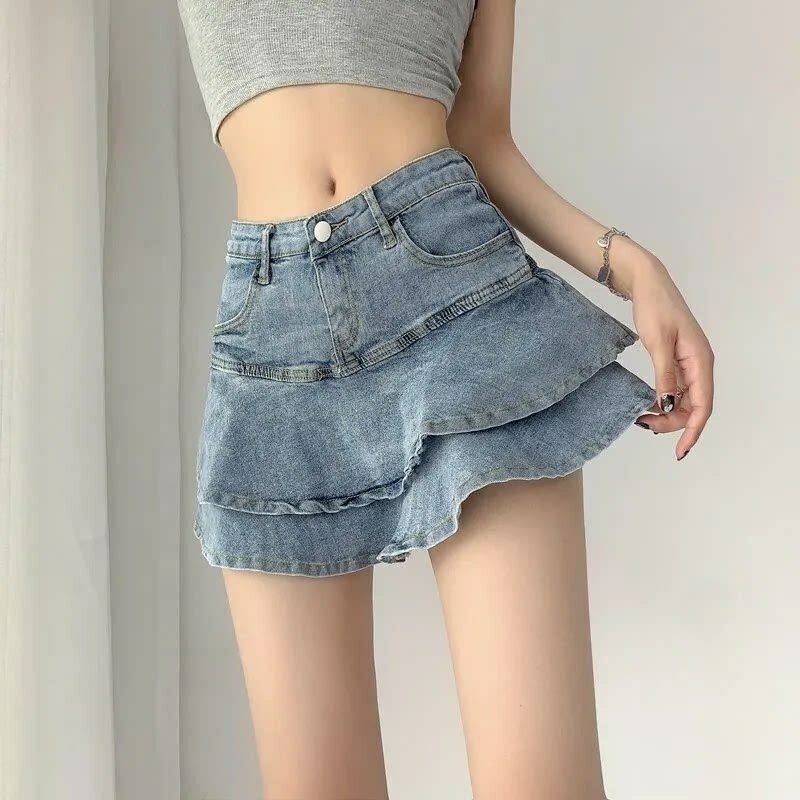Mini jupe en jean sexy à volants pour femmes, vintage, mignon, taille haute, patchwork, ligne A, court, jean, pouvez-vous aru Streetwear, été, 2023