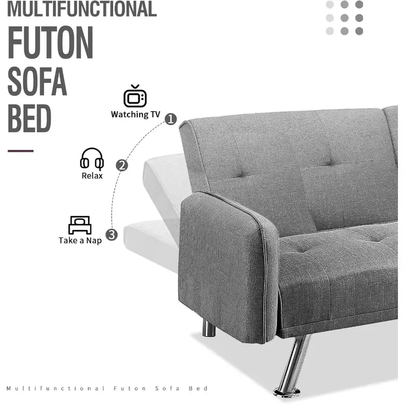 Futon Sofa Bed, Convertible Couch with 2 Cup Holders, Loveseat with Armrest for Studio, Apartment, Office,Living Room,Light Grey