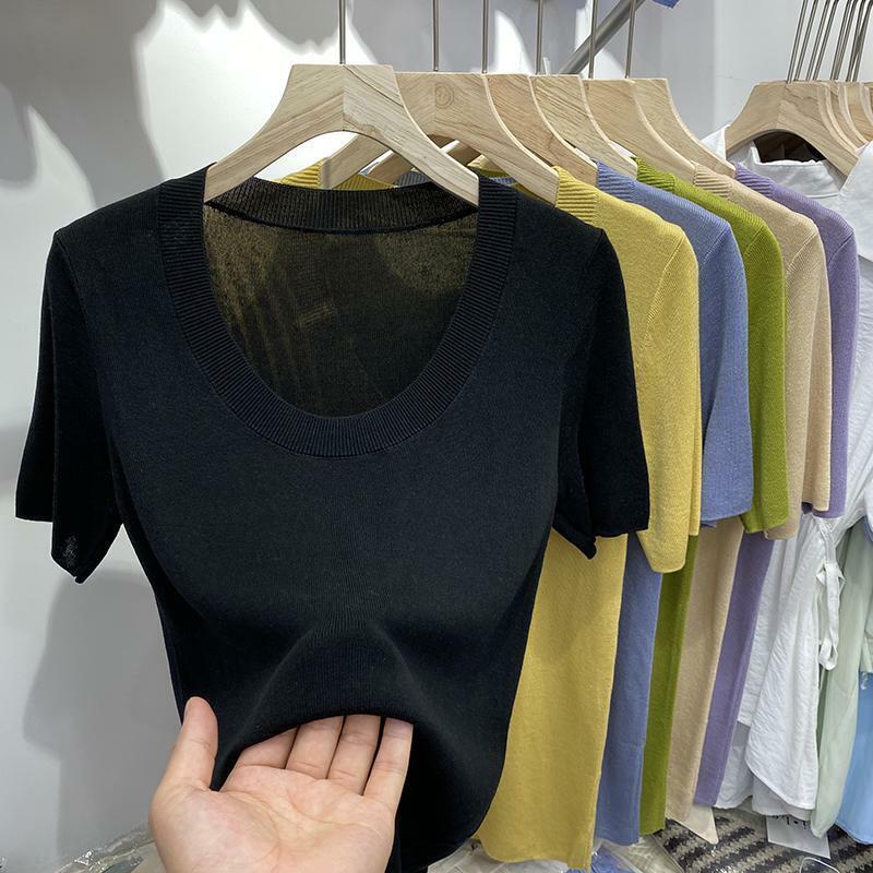 Moda o-collo lavorato a maglia tinta unita manica corta t-Shirt abbigliamento donna 2024 estate New Slim coreano top pendolare Tee Shirt