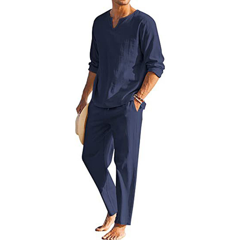 Traje informal de lino para hombre, camisa de Color sólido, pantalones de algodón elásticos con bolsillo, novedad de 2024