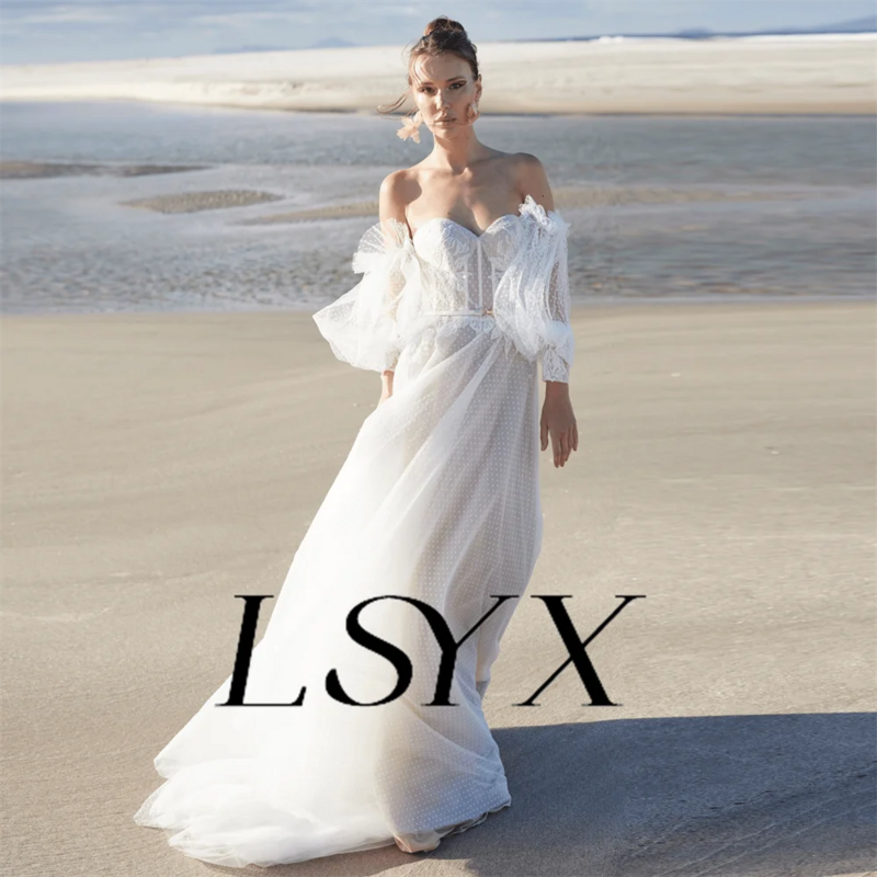 LSYX gaun pengantin tanpa lengan Puff bahu terbuka Sweetheart gaun pengantin renda Tulle kancing belakang gaun pengantin A-Line buatan khusus
