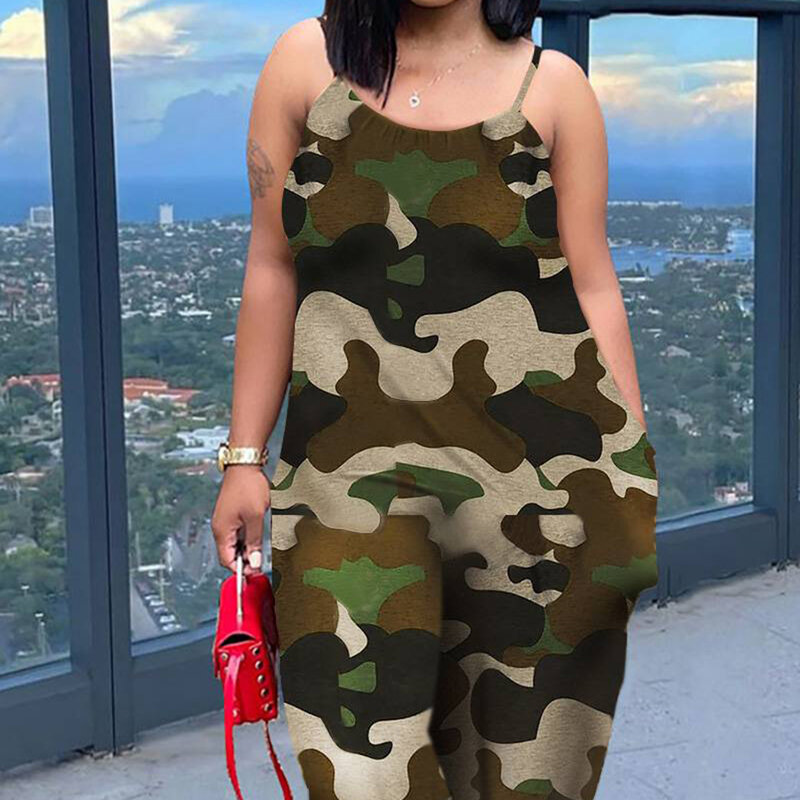 Plus Size Army Green Daily Leopard Print Jumpsuits