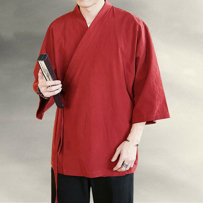 Heren Kimono Japanse Harajuku Heren Shirt Linnen Retro Streetwear Vest Outwear Traditionele Open Steek Shirts