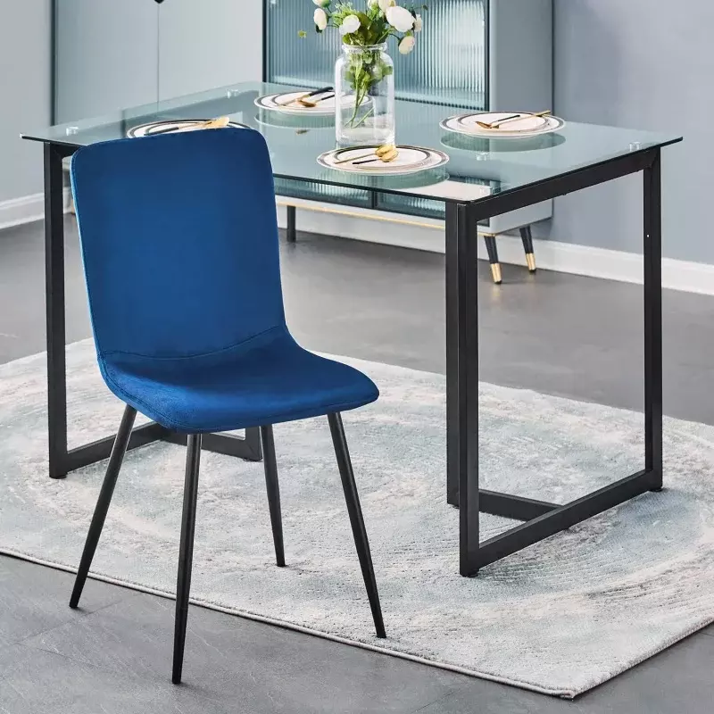 Ensemble de table à manger pour 4, dessus en verre rectangulaire moderne et 4 chaises de salle à manger pour petits espaces, chambre d'appartement (bleu)