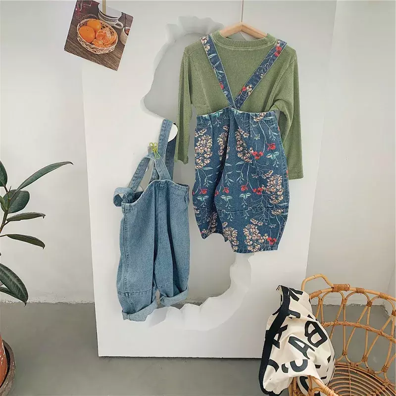Baby and Girls Cotton Loose Lovely Floral Printed Jeans School Kids Suspenders Denim Pant Child Trousers Bottom Outfit 2-8 Years