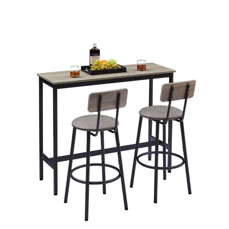 ชุดโต๊ะบาร์3ชิ้นโต๊ะทานอาหารผับและเก้าอี้หุ้มหนัง PU มีพนักพิงสำหรับพื้นที่ขนาดเล็กในห้องครัวสีเทา