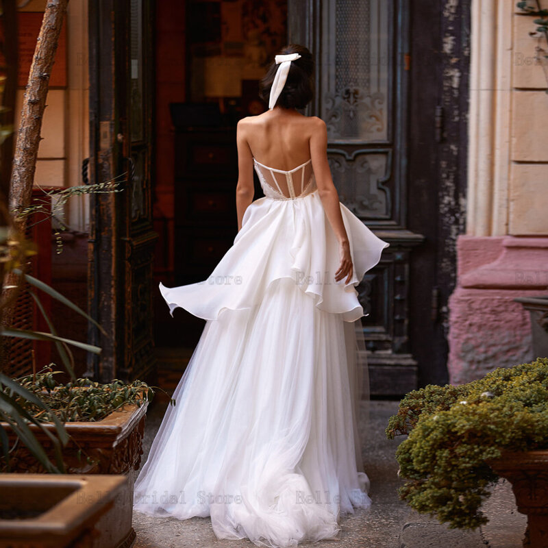 Vestidos de casamento branco sexy sem alças sem costas a linha vestidos de noiva apliques trem varredura tule robe de mariee feito sob encomenda 2023