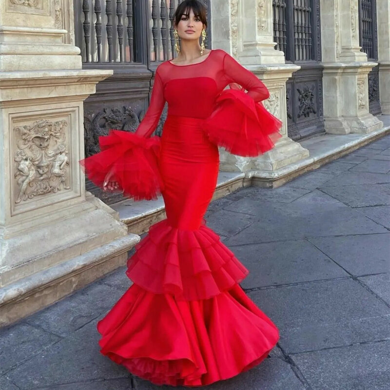 Women's Ruffles Trumpet Prom Dresses for Musilm Puffy Sleeves Saudi Long Scoop Neck Evening Dress for Gilrs 2023 платье женское