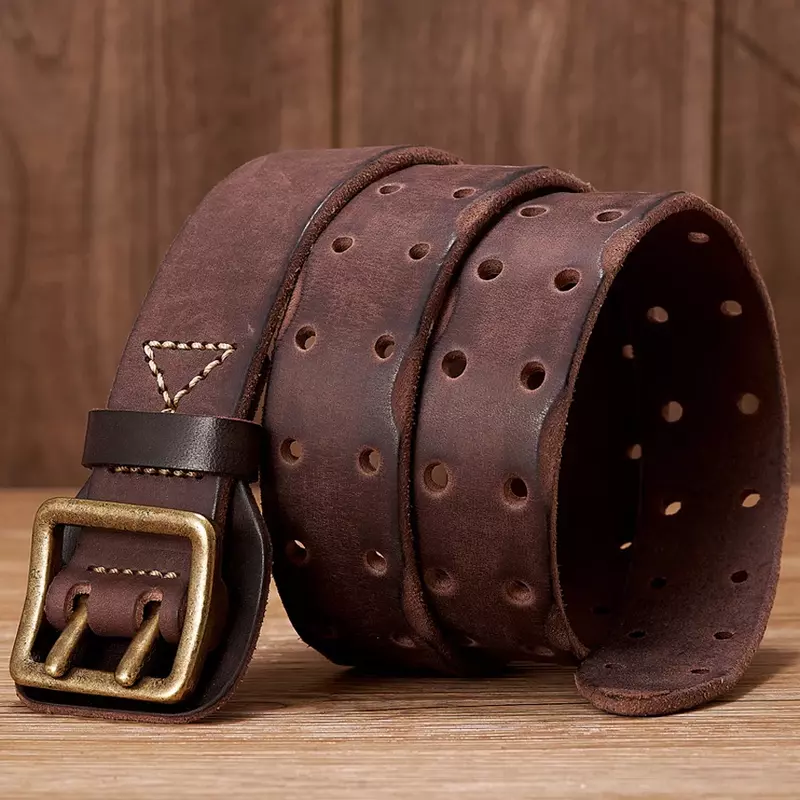 Cintura in pelle originale spessa cintura larga da uomo Vintage cintura da Cowboy in vera pelle di vacchetta da uomo con fibbia a doppio polo