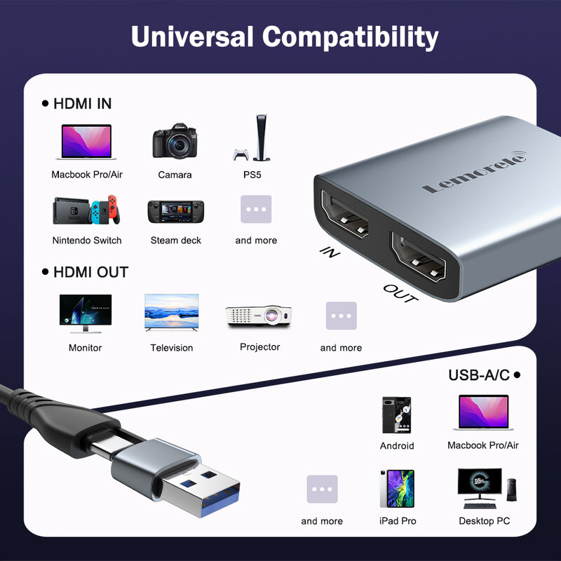 Lemorele-AC07 Video Capture Card, Compatível com HDMI e Saída, Loop Out para Live Streaming, PS4, 5, 1080P, 60Hz Saída