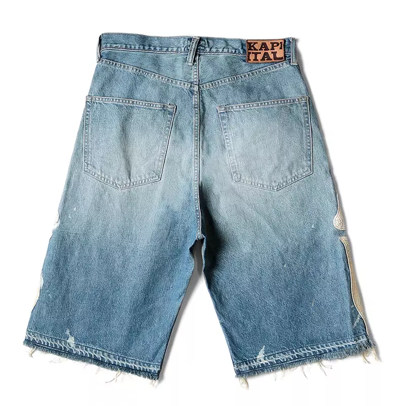 KAPITAL Hirata Hohiro Loose Relaxed Pants Embroidered Bone Wash Used Raw Edge Denim Shorts for Men and Women Casual Jeans