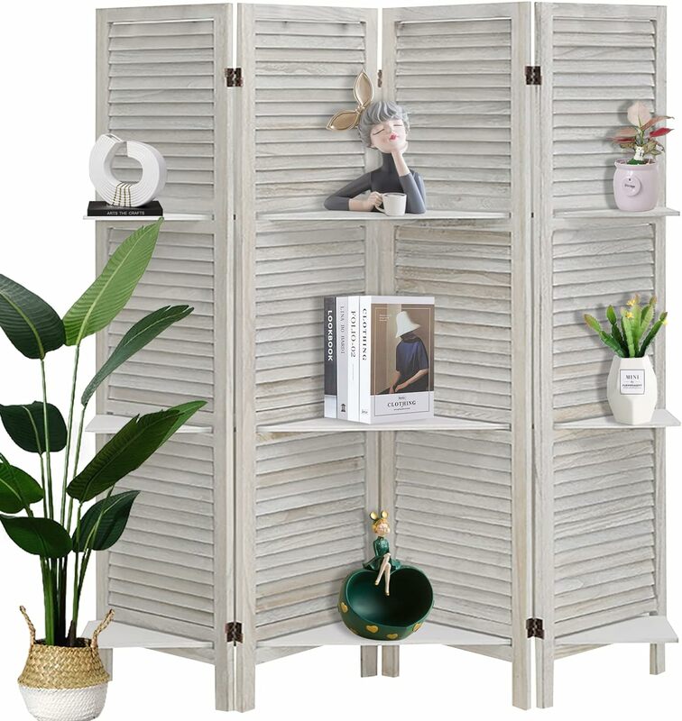 Room Divider 4 Panel, White with Shelves, Wall Dividers and Folding Privacy Screens, Portable Room partitions for Bedroom