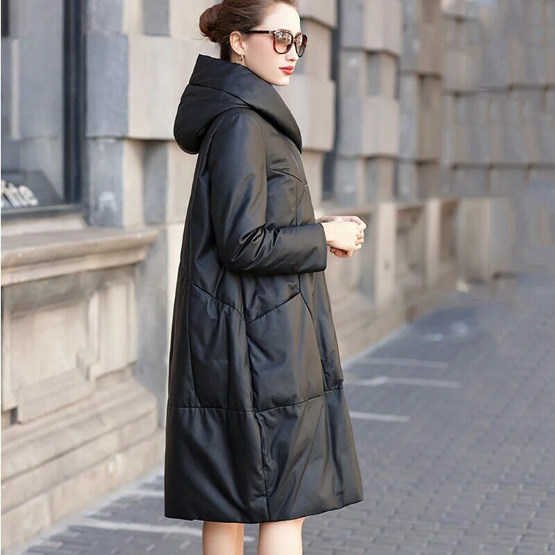 Chaqueta larga de piel de oveja con capucha para mujer, abrigo holgado de un solo pecho, versión coreana, color negro, invierno, 2023