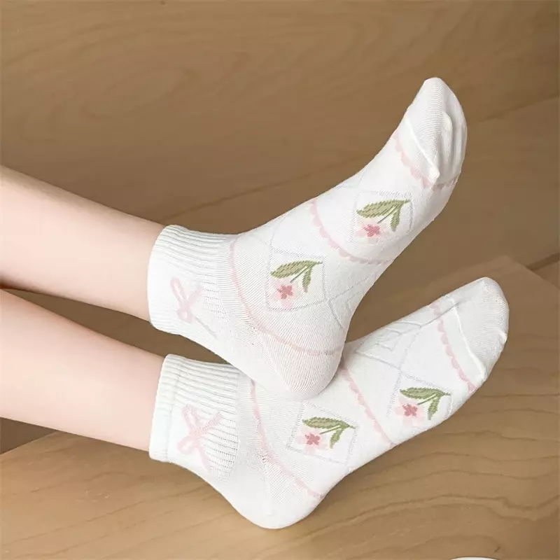 Conjunto de calcetines cortos para mujer, medias tobilleras de malla con flores blancas, estilo coreano, novedad, 5 pares por lote
