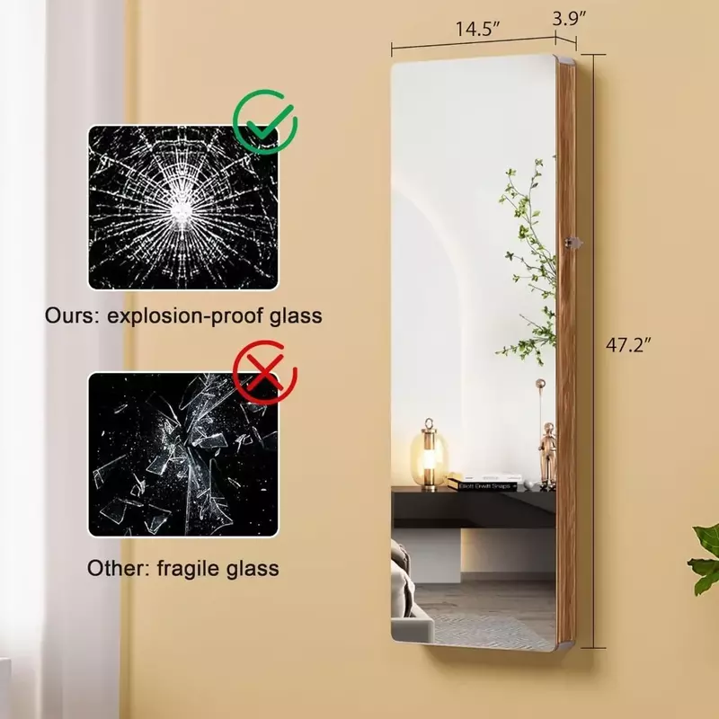LED Mirror Jewelry Cabinet,47.2" Wall Mounted Jewelry Organizer with Full-Length Mirror,Over The Door Hanging Jewelry Armoire