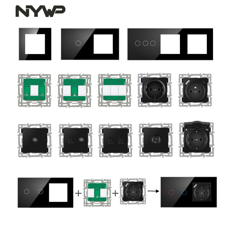 Настенный модуль NYWP для самостоятельной сборки, европейский стандарт, черная панель из закаленного стекла, розетка, кнопка переключения, функция, Бесплатная комбинация