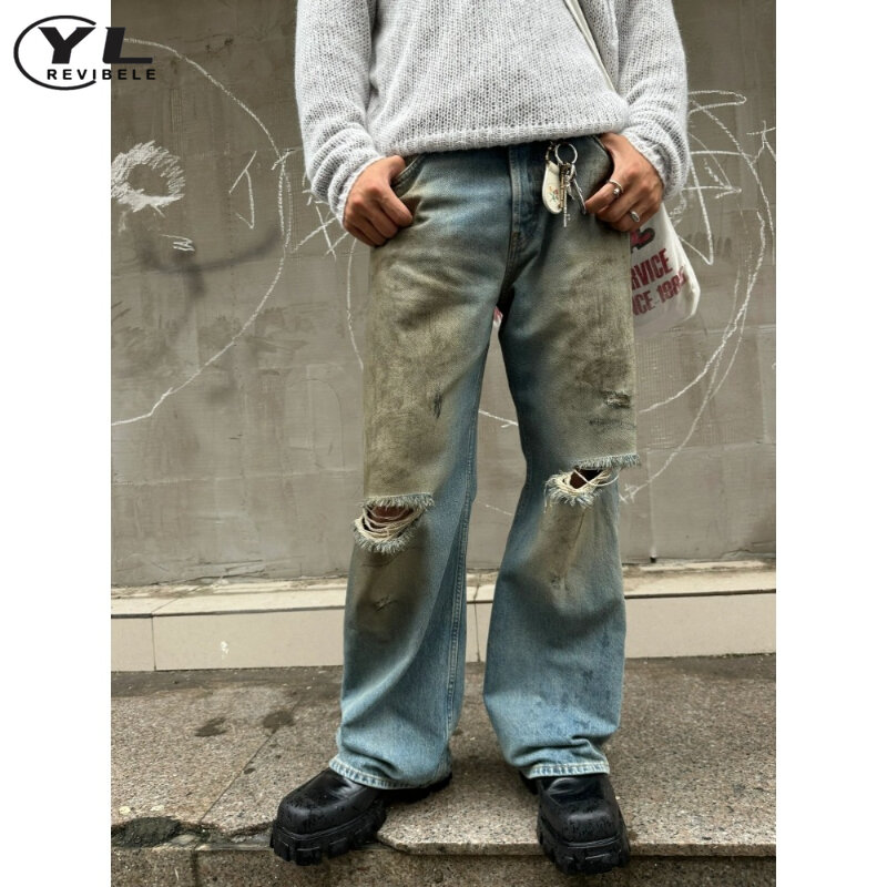 Mud Dyed lubang Dicuci Jeans pria Harajuku High Street longgar kaki lebar lurus celana Denim musim semi Gothic Distressed Jean celana