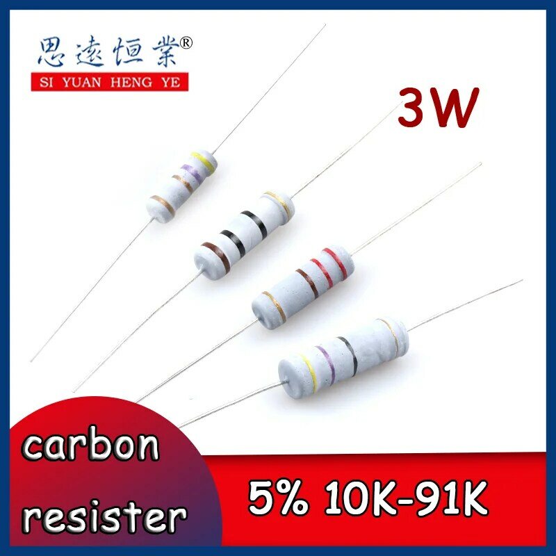 20 pces 3w carbono filme in-line resistência anel de cor precisão 5% resistência valor 10k-91k 10k/11k/12k/13k/15k/16k/18k/20k/22/