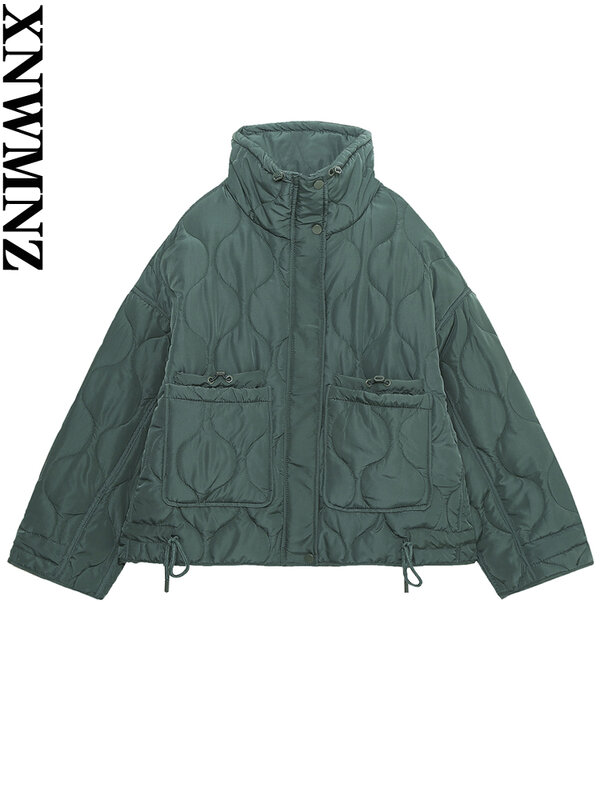 XNWMNZ-Parka acolchada con bolsillo para mujer, abrigo holgado con cuello levantado, chaqueta verde, ropa de abrigo cálida para mujer, moda de otoño e invierno