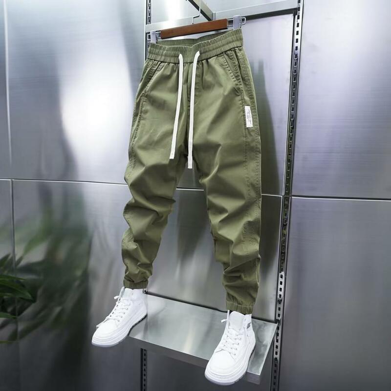 Casual Workwear Trousers Men's Drawstring Elastic Waist Casual Pants with Pockets Soft Breathable Ankle-banded for Comfort