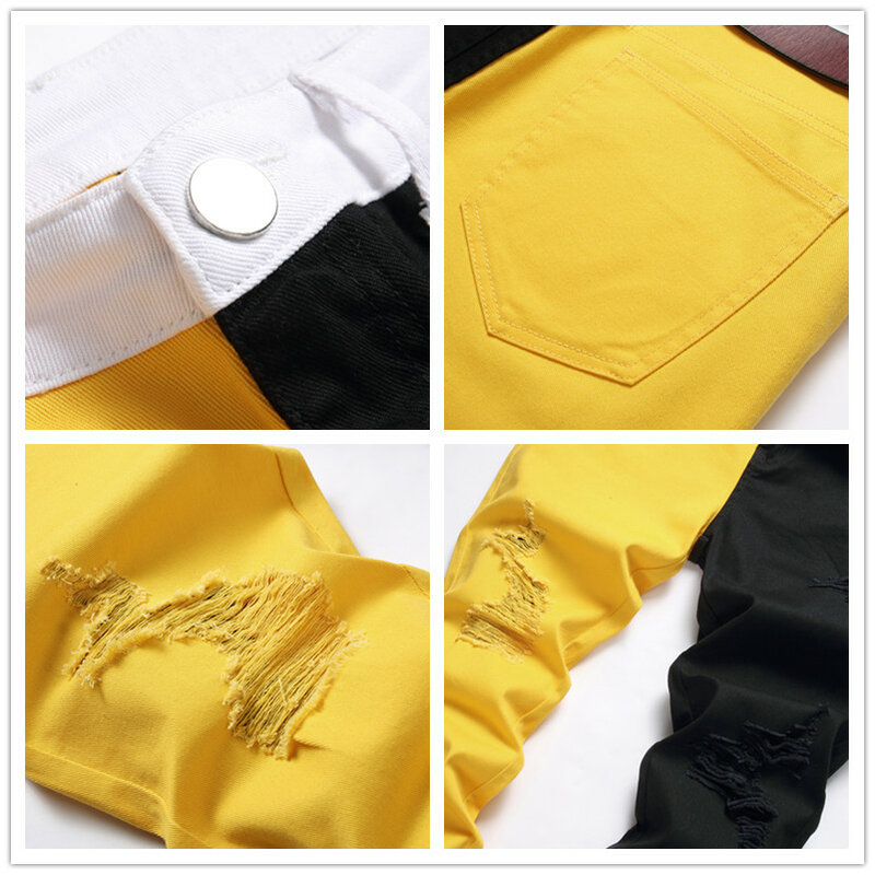 Джинсы мужские в стиле пэчворк, винтажные рваные джинсы скинни с дырками, готические брюки из денима, черные, желтые, осень
