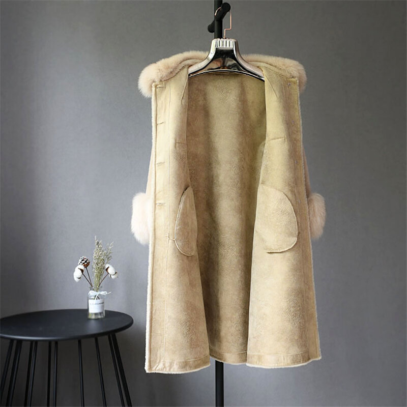 FURYOUcloser-Manteau d'hiver 100% laine pour femme, veste en fourrure véritable naturelle, col en fourrure de renard, manches longues, pardessus femme chaud