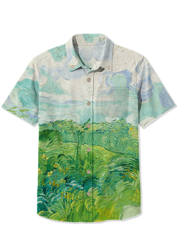 Men's Hawaiian shirt blue sky wheat field cypress casual shirt button casual short sleeve Hawaiian shirt summer casual shirt