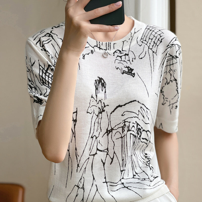 2022 new cashmere short sleeve spring and summer women's fashion short sleeve O-neck Pullover cashmere sweater graffiti short sl