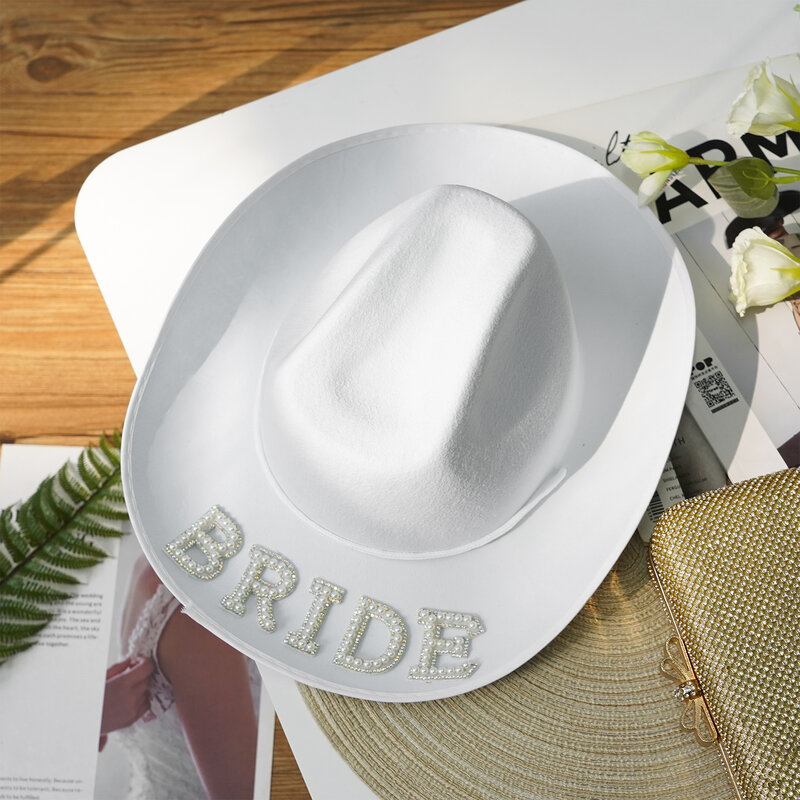 Branco Chapéu de Cowboy Diamante Nupcial Do Casamento Para As Mulheres Traje Ocidental Cowgirl Chapéus Panamá Aba Larga Sessão De Fotos De Casamento Suprimentos