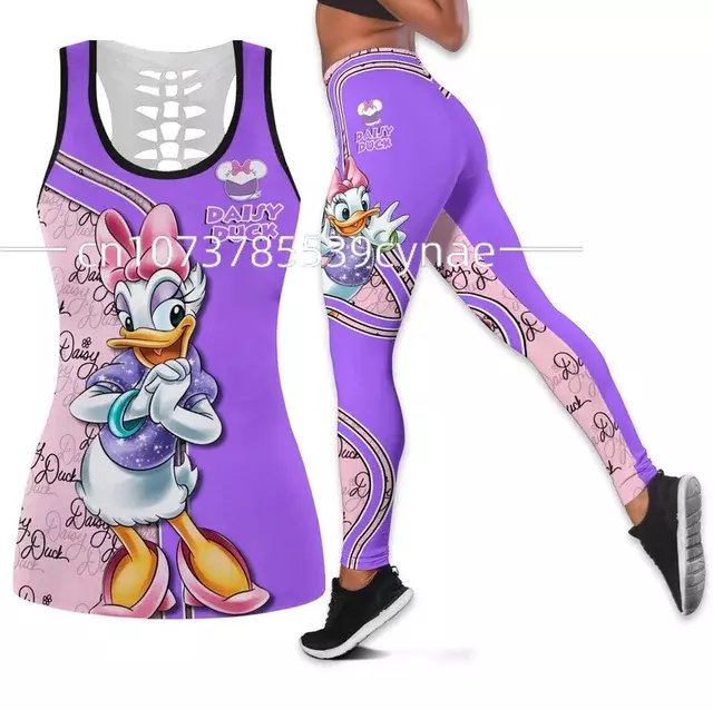 Disney Donald Duck Set pakaian Tank Top Legging, setelan buku Wanita rompi berongga + Legging Yoga untuk Fitness Olahraga