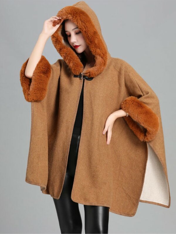Elegant 2024 Winter Spring Rex Rabbit Fur Collar Knitted Poncho Cape Shawl Woolen Oversized Loose Women's Coat