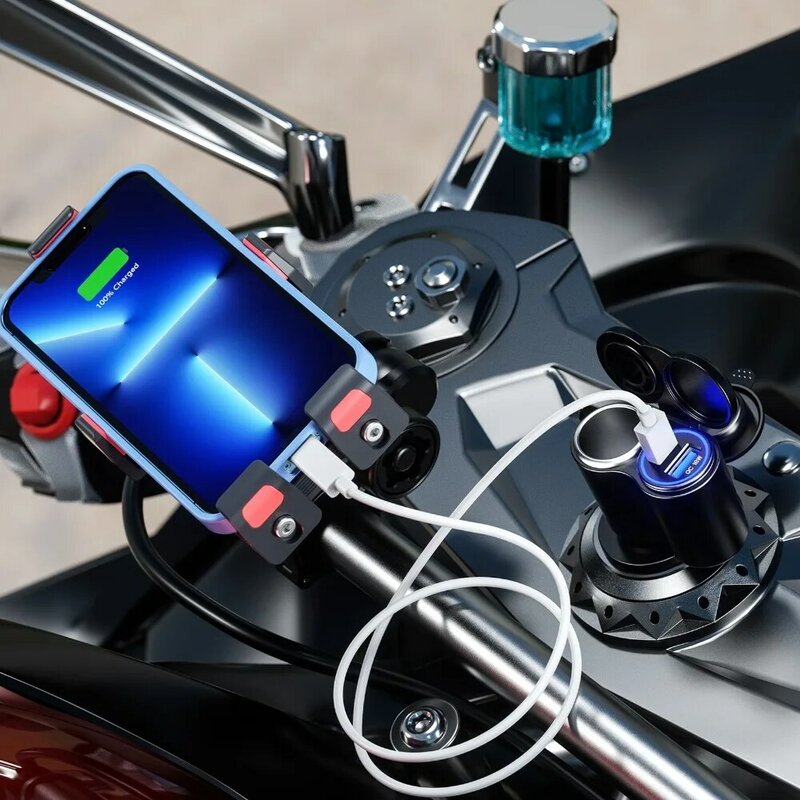 Motorcycle Din Hella Plug to QC 18W & PD 45W USB Type-C Charger with 12V Cigarette Lighter Socket for BMW Ducati Triumph