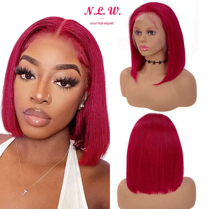 N.W-perucas dianteiras do cabelo humano do laço da cor vermelha para mulheres, Bob curto, reto, 13x4, 12 Polegada, 180% Densidade