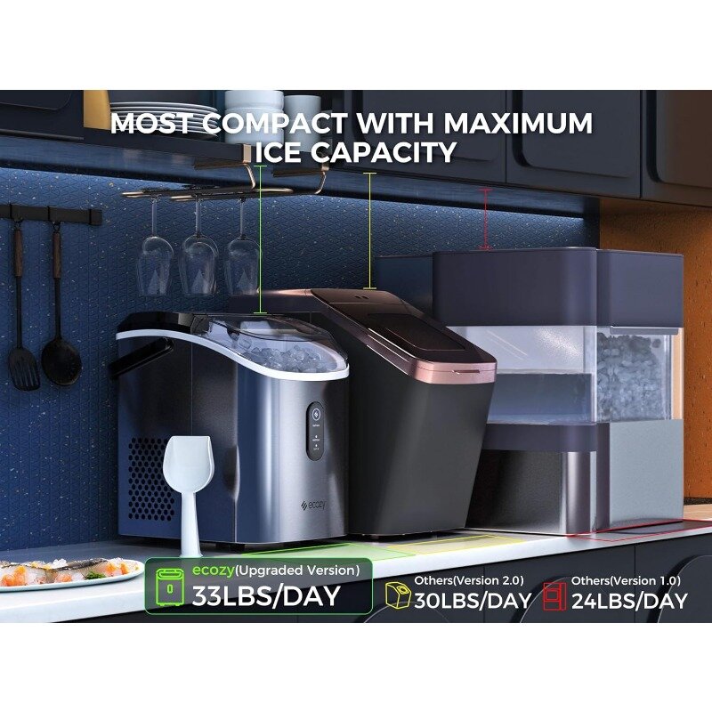 ecozy Nugget Ice Maker Countertop -  33 lbs Daily Output, Self-Cleaning  with Ice Bags