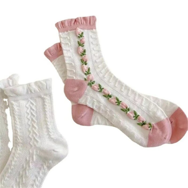 1 Pair Girl Cute Lolita White Socks College Students Lace Middle Tube Stockings Spring and Summer Cotton JK Socks