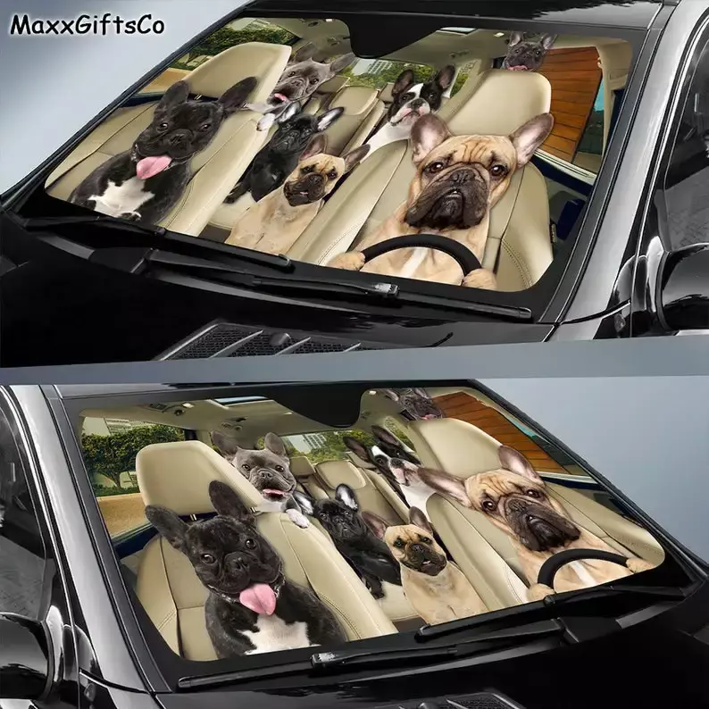 Penahan matahari mobil, kaca depan, kerai keluarga anjing, aksesori mobil Bulldog Perancis, Bulldog Perancis