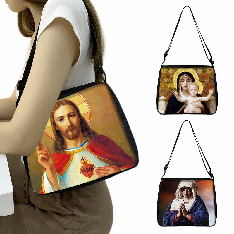 Vintage Jesus/Heilige Mary Patroon Handtas Vrouwen Canvas Schoudertassen Religie Onderarmtas Draagbare Schattige Messenger Bags Cadeau