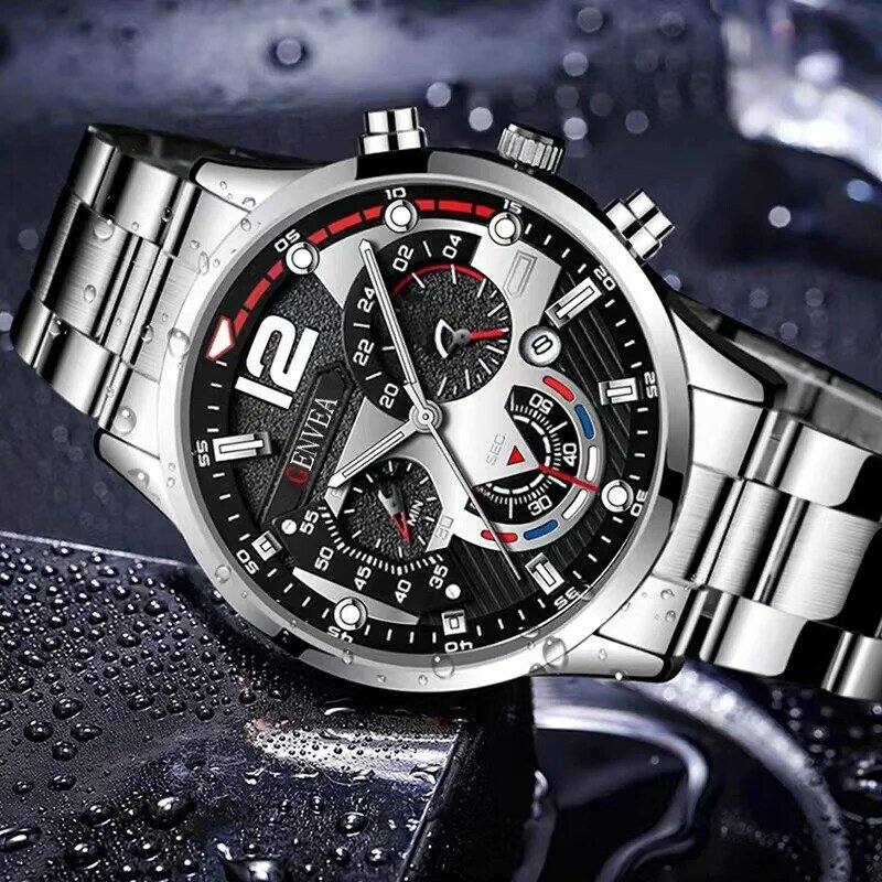 GENEVA New Fashion Watches Men Stainless Steel Top Brand Luxury Sports Chronograph Quartz Watch Men Clock Man Relogio Masculino