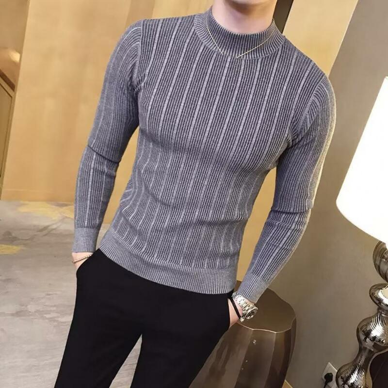 Мужской пуловер свитера 2024 корейский Повседневный полосатый Однотонный свитер мужской полувысокий воротник стрейч плотный свитер приталенный вязаный Топ
