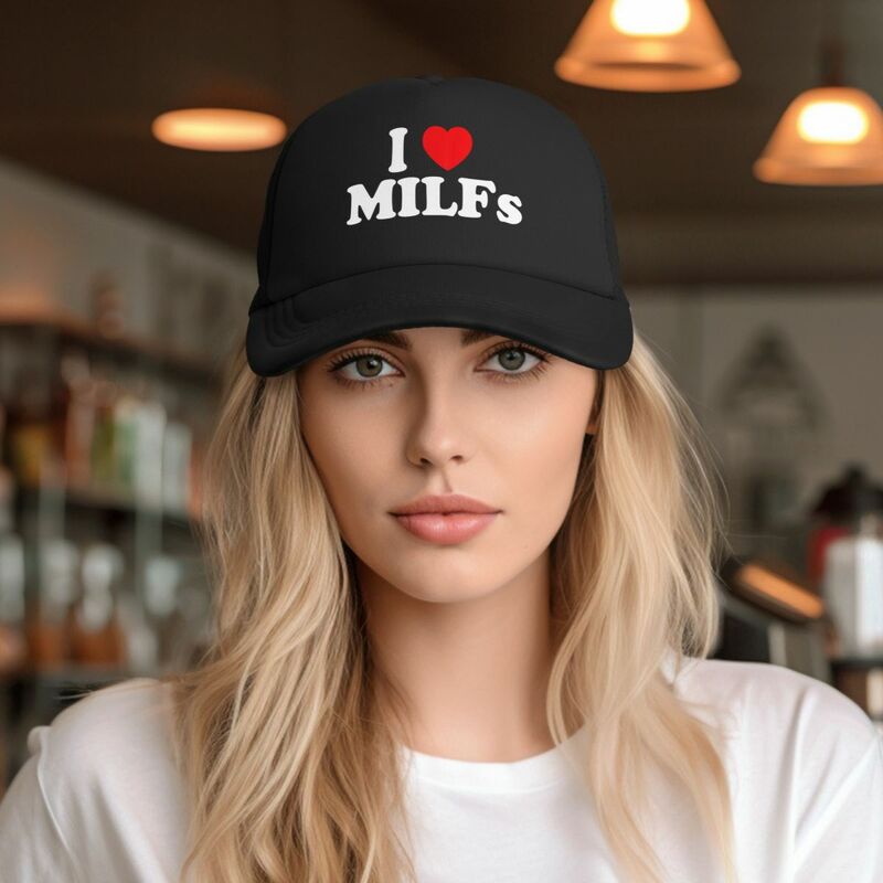 Funny I Love MILFs I Heart topi bisbol uniseks, topi jaring musim panas model runcing untuk pria dan wanita