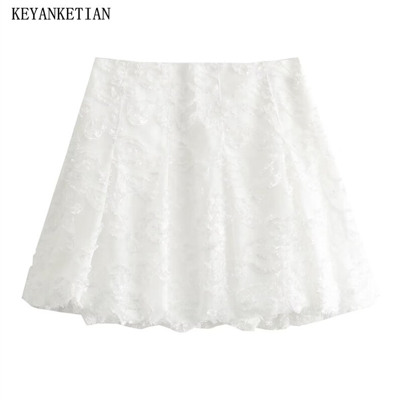 Keyanketian Neu einführung Damen Jacquard Dekoration Minirock Lolita-Stil Reiß verschluss hoch taillierte süße weiße A-Linie Rock