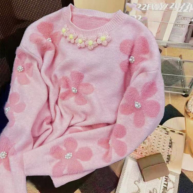 Camisola de malha de manga comprida com o pescoço, Top de textura macia, cor gradiente, flor, miçangas, 3D, outono, inverno, moda