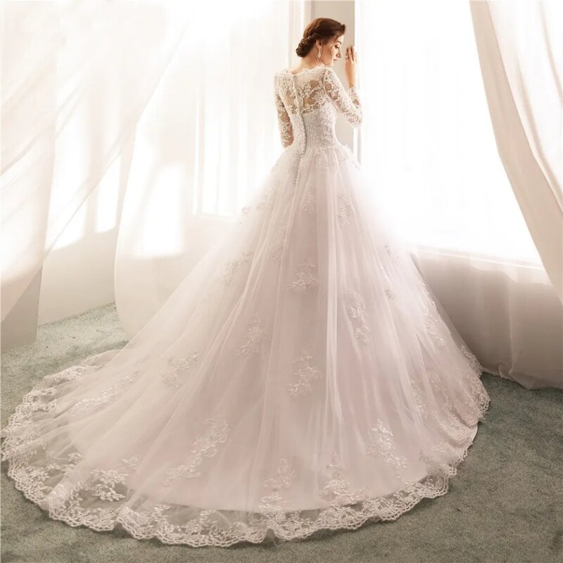 Elegant Arabic Dubai A-Line Wedding Dresses Bridal Gowns Lace Long Sleeves Court Train Back Buttons Custom Vestidos De Fiesta