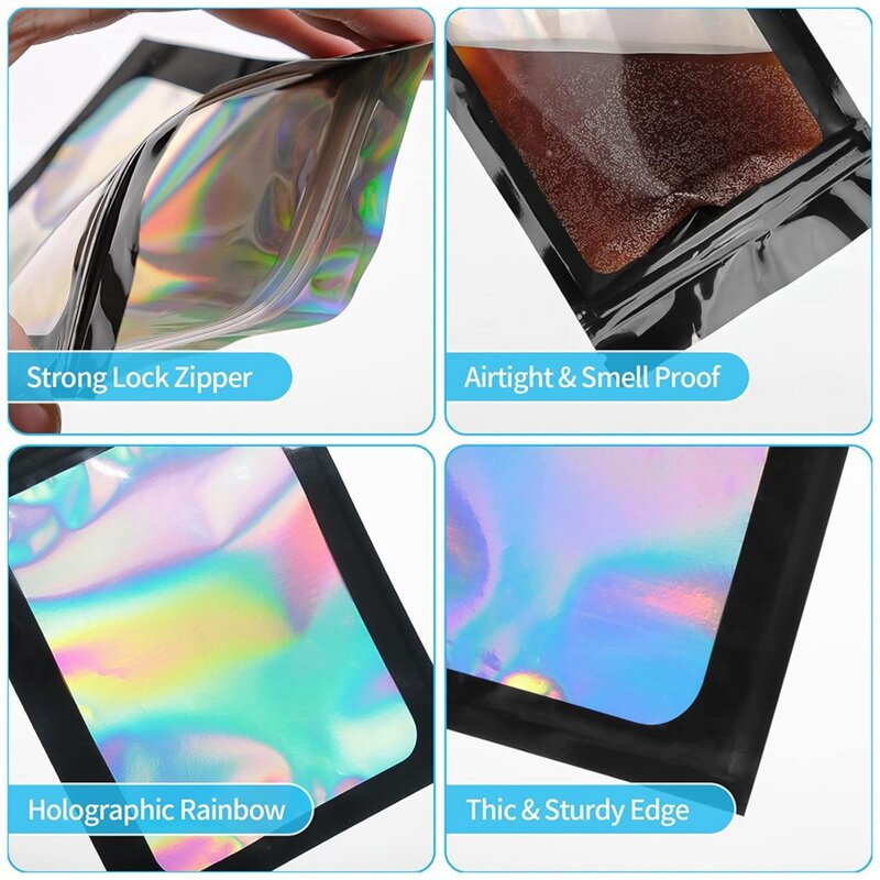 Cheiro holográfico à prova Mylar sacos, saco de embalagem para pequenas empresas, bolsa Resealable sacos, fácil de usar, 100 Pack, 3X5"