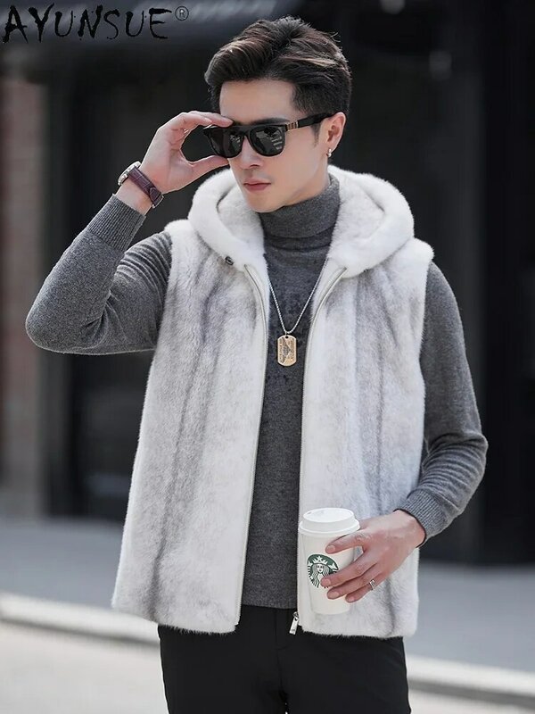 AYUNSUE-Manteau en fourrure de vison véritable pour hommes, vestes à capuche, fibre de fourrure de luxe, vêtements pour hommes, Streetwear, 2023